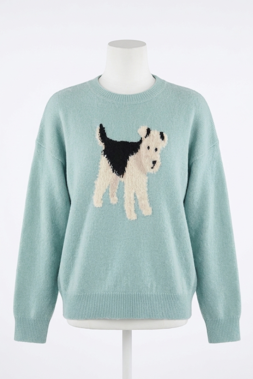 NEW LE LIS women's fox terrier dog graphic sweater in mint green